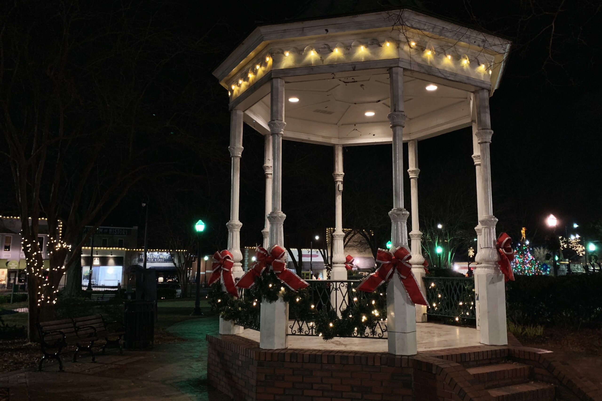 pavilion on marietta square decked out in holiday garland and lights