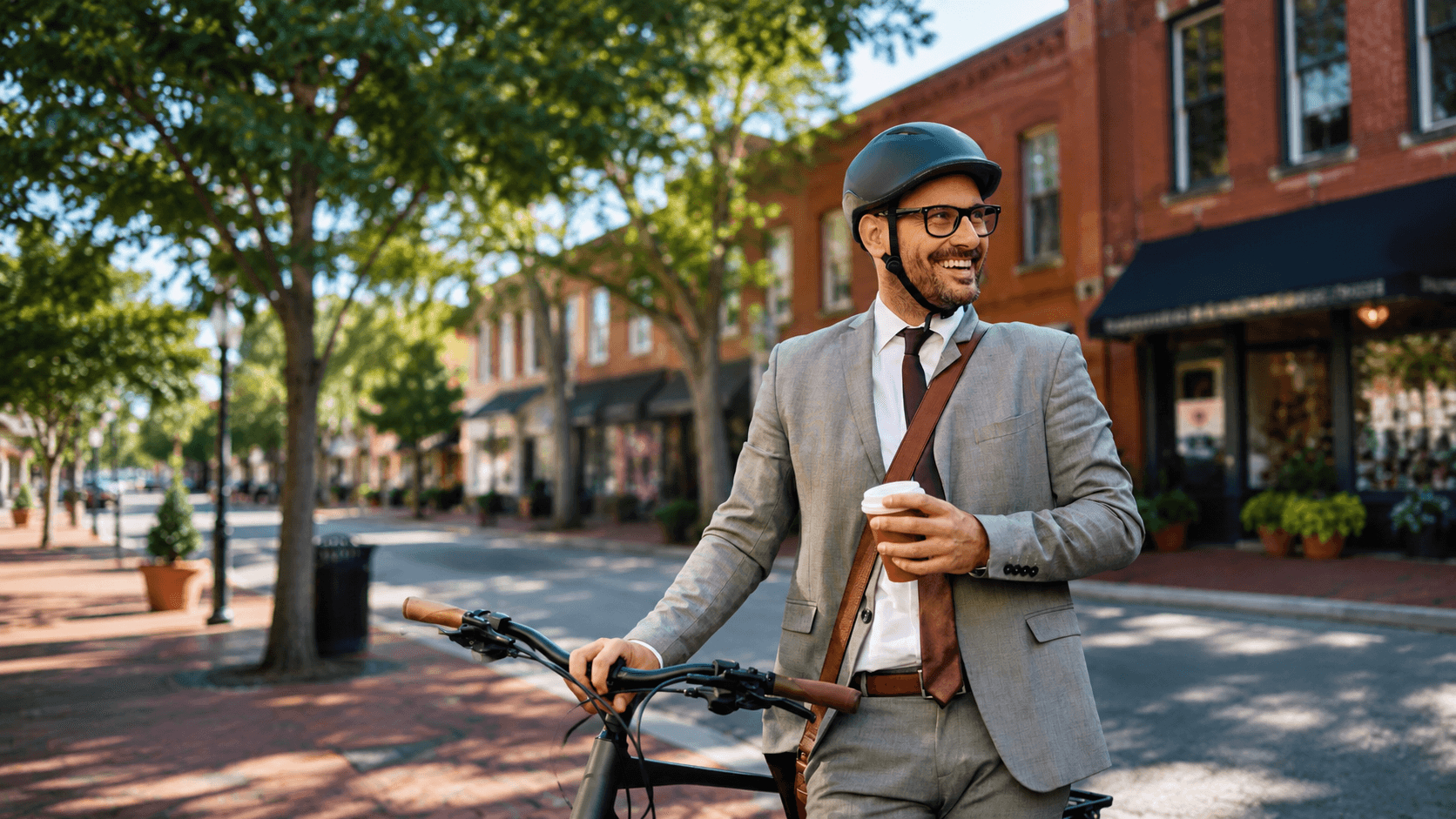 Business professional riding a bicycle through downtown Marietta on the way to work, representing a shorter commute and flexible work lifestyle.