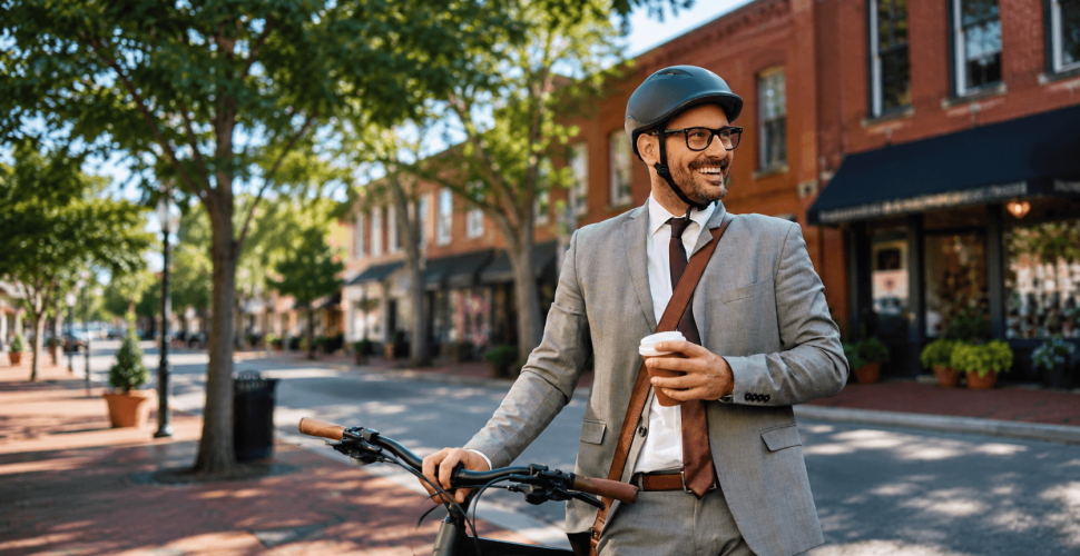 Business professional riding a bicycle through downtown Marietta on the way to work, representing a shorter commute and flexible work lifestyle.