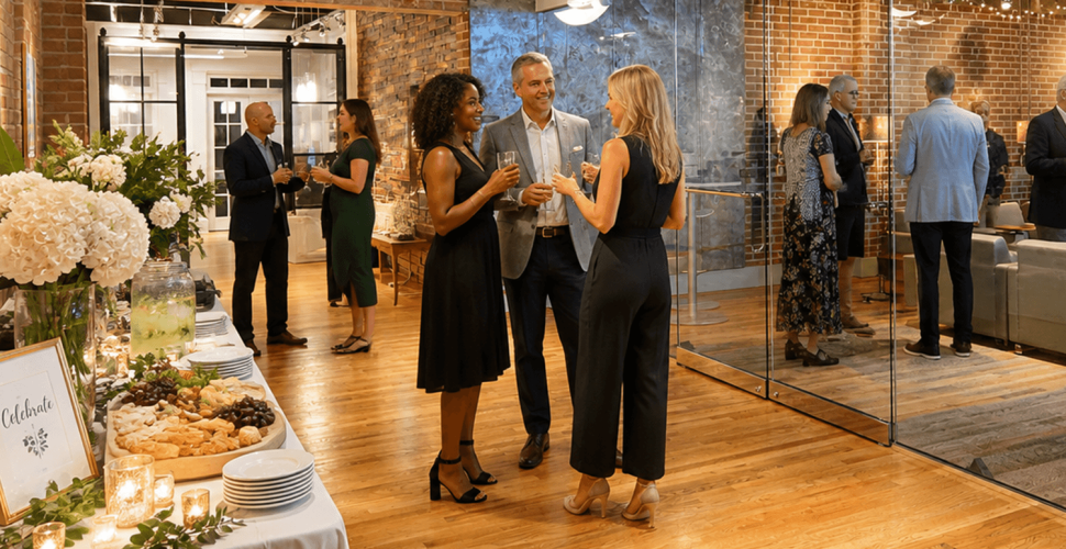 Professional gathering in a modern coworking event space in Marietta with guests networking and enjoying refreshments.