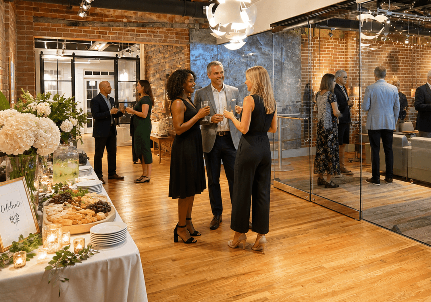 Professional gathering in a modern coworking event space in Marietta with guests networking and enjoying refreshments.
